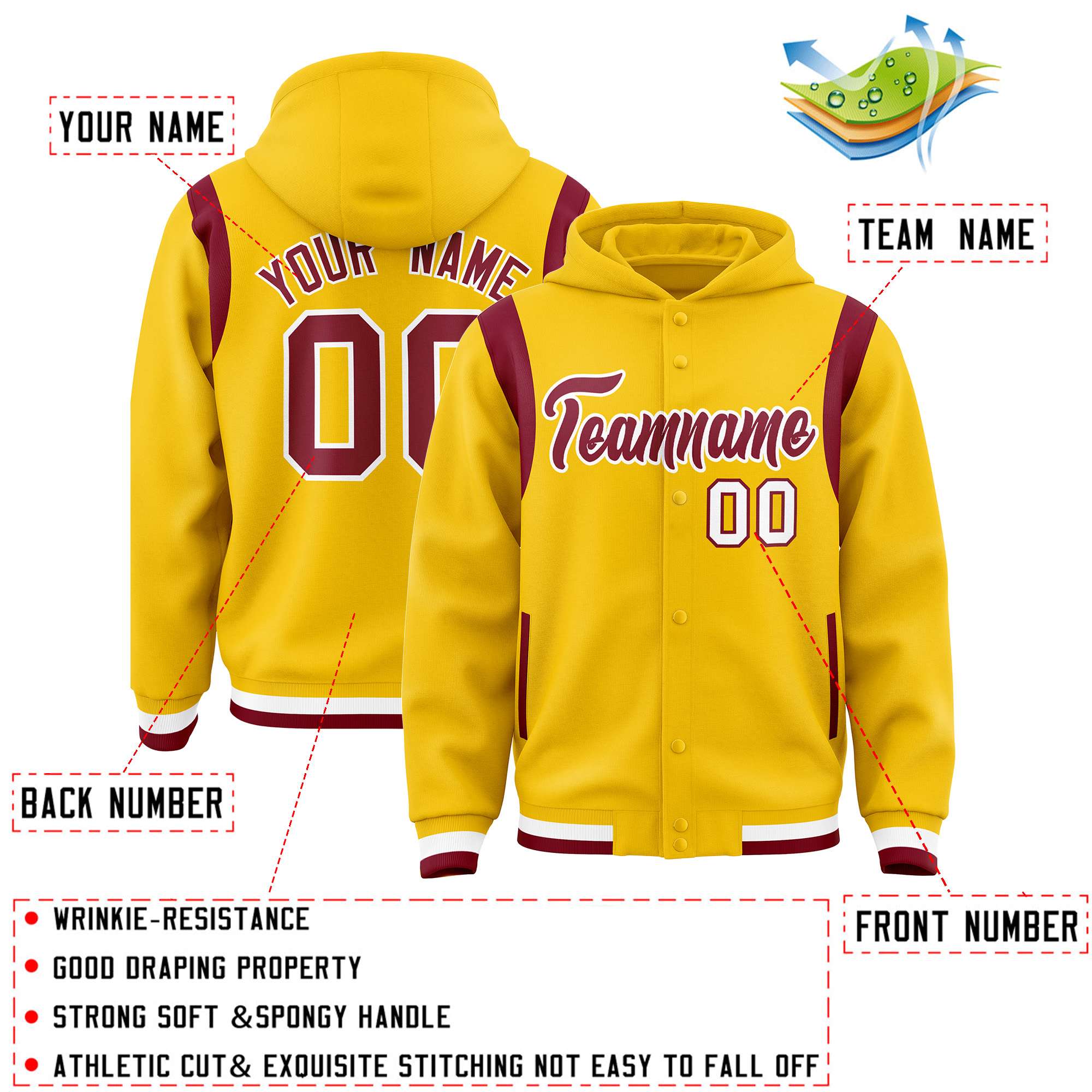 Custom Gold Crimson Varsity Full-Snap Letterman Shoulder Color Block Hoodie Jacket