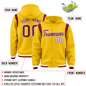 Custom Gold Crimson Varsity Full-Snap Letterman Shoulder Color Block Hoodie Jacket