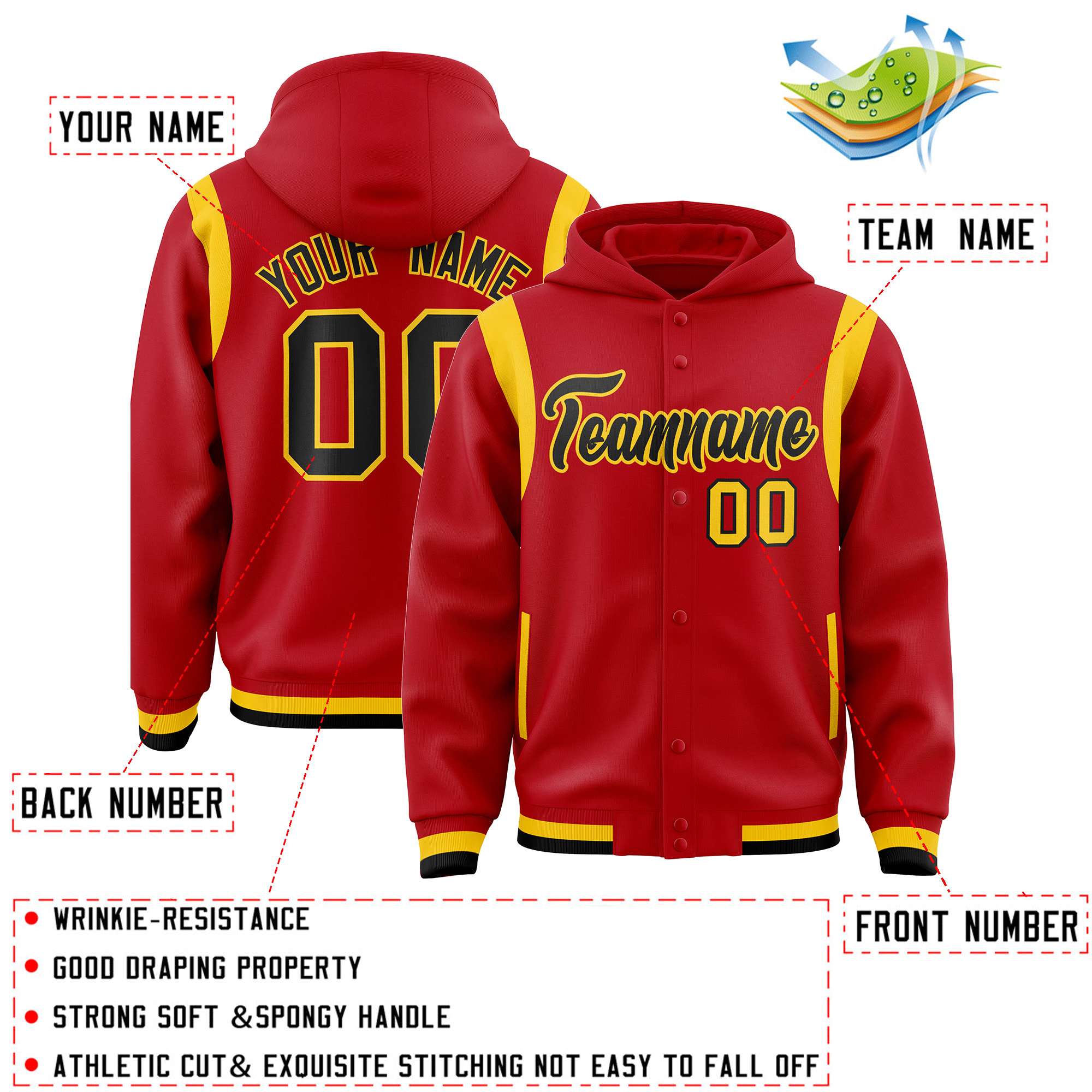 Custom Red Black Varsity Full-Snap Letterman Shoulder Color Block Hoodie Jacket