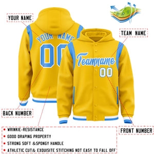 Custom Gold Powder Blue Varsity Full-Snap Letterman Shoulder Color Block Hoodie Jacket