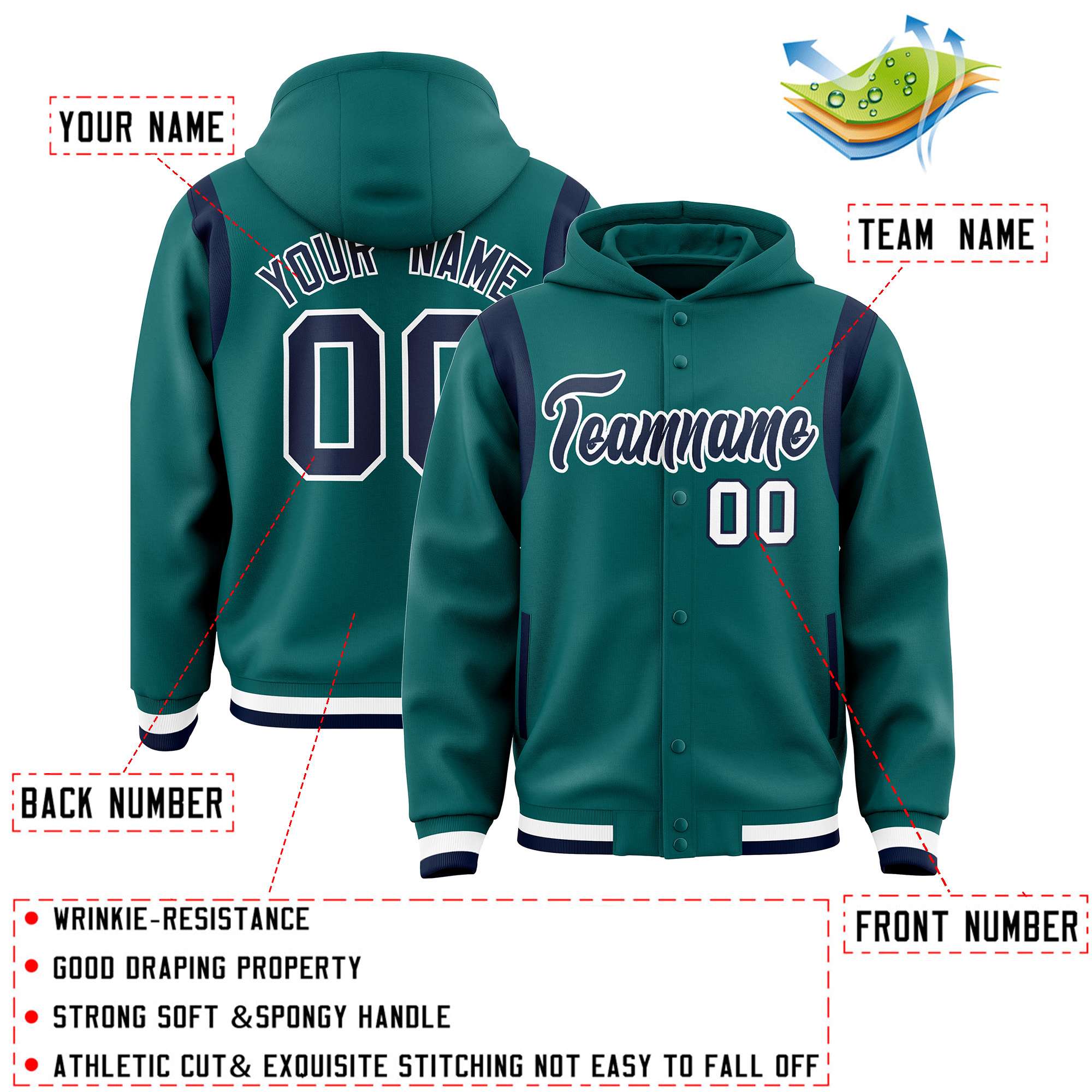 Custom Aqua Navy Varsity Full-Snap Letterman Shoulder Color Block Hoodie Jacket