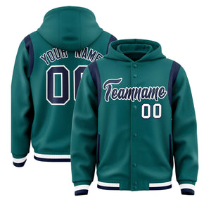 Custom Aqua Navy Varsity Full-Snap Letterman Shoulder Color Block Hoodie Jacket