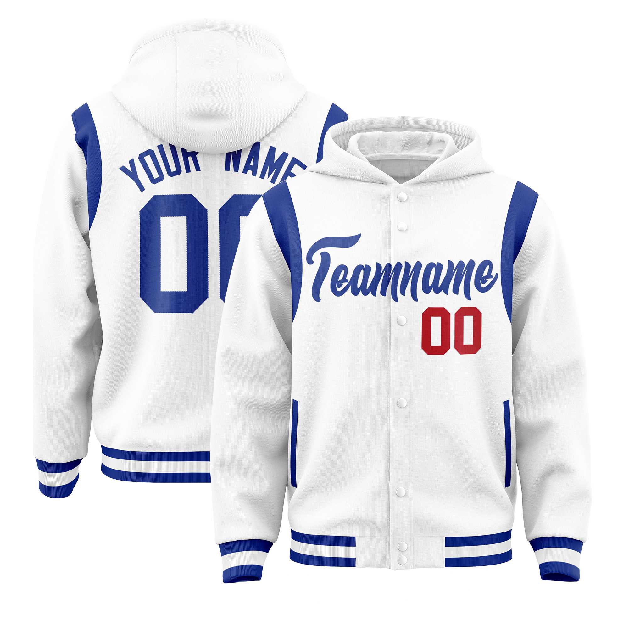 Custom White Royal Varsity Full-Snap Letterman Shoulder Color Block Hoodie Jacket