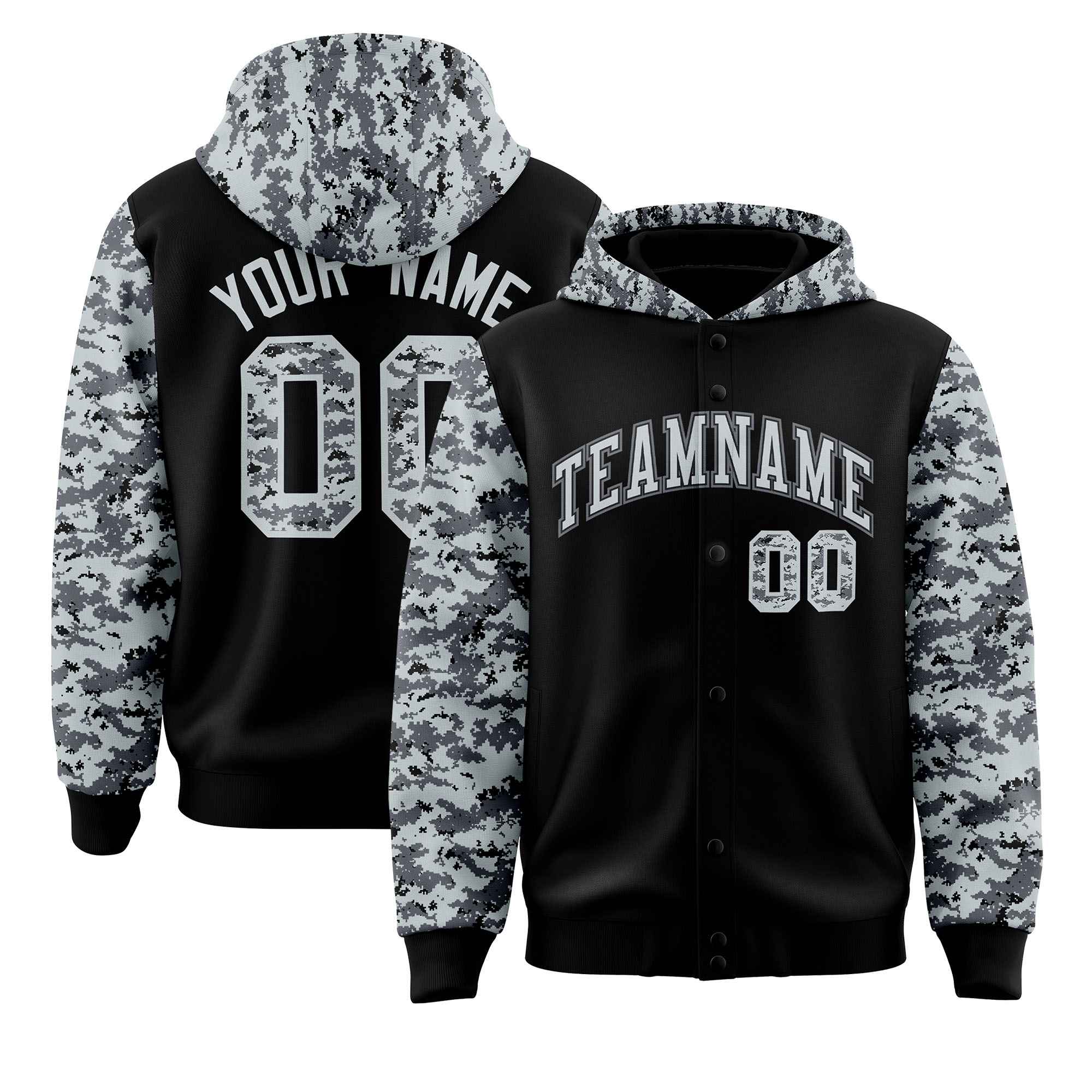 Custom Black Silver-Gray Raglan Sleeves Varsity Full-Snap Letterman Camo Hoodie Jacket