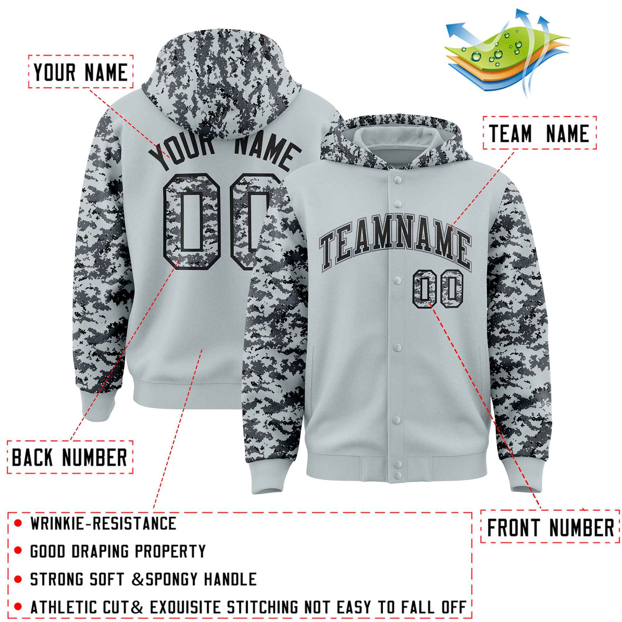 Custom Silver Gray-Black Raglan Sleeves Varsity Full-Snap Letterman Camo Hoodie Jacket