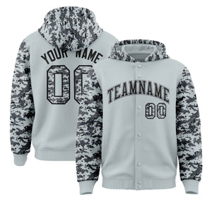 Custom Silver Gray-Black Raglan Sleeves Varsity Full-Snap Letterman Camo Hoodie Jacket