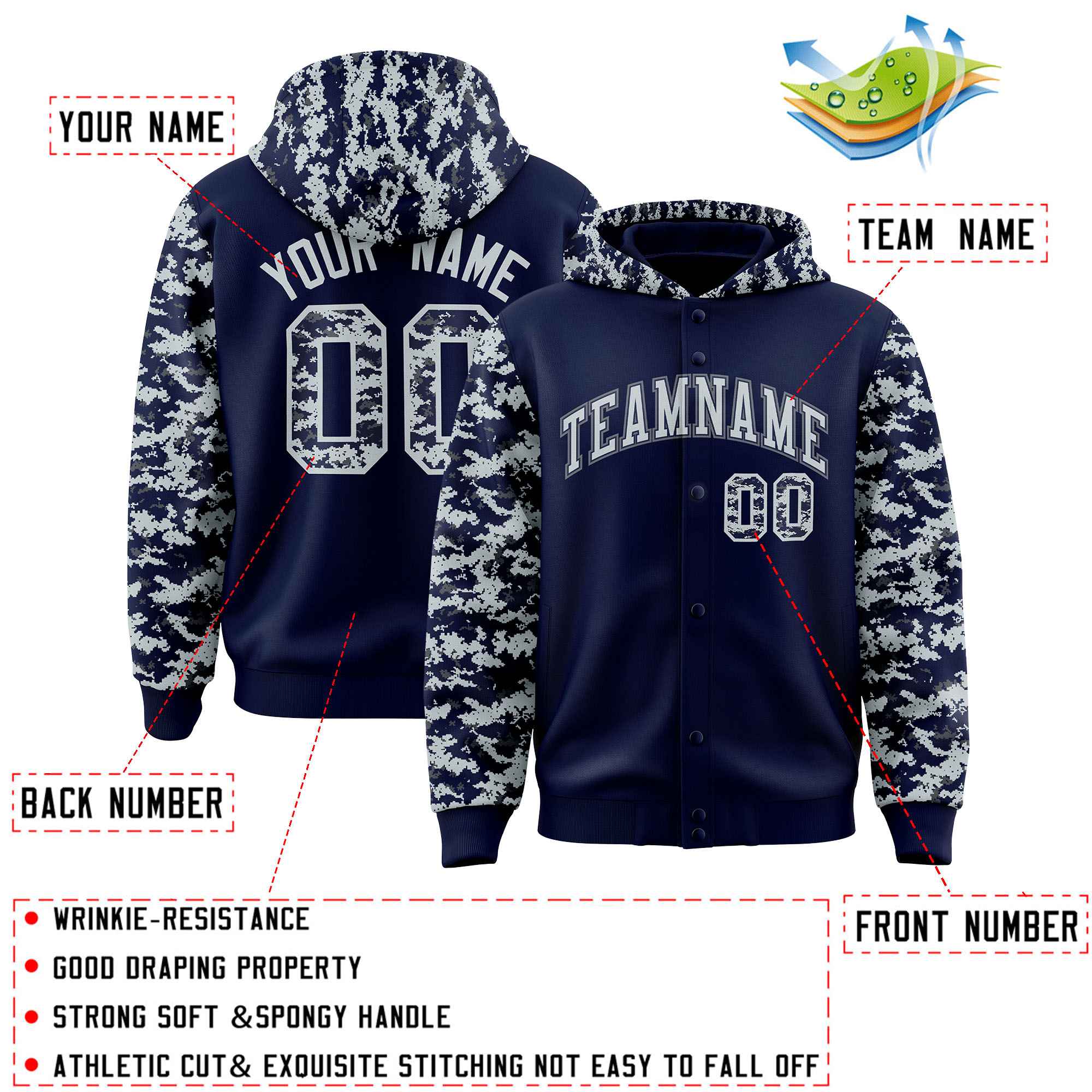 Custom Navy Silver-Gray Raglan Sleeves Varsity Full-Snap Letterman Camo Hoodie Jacket