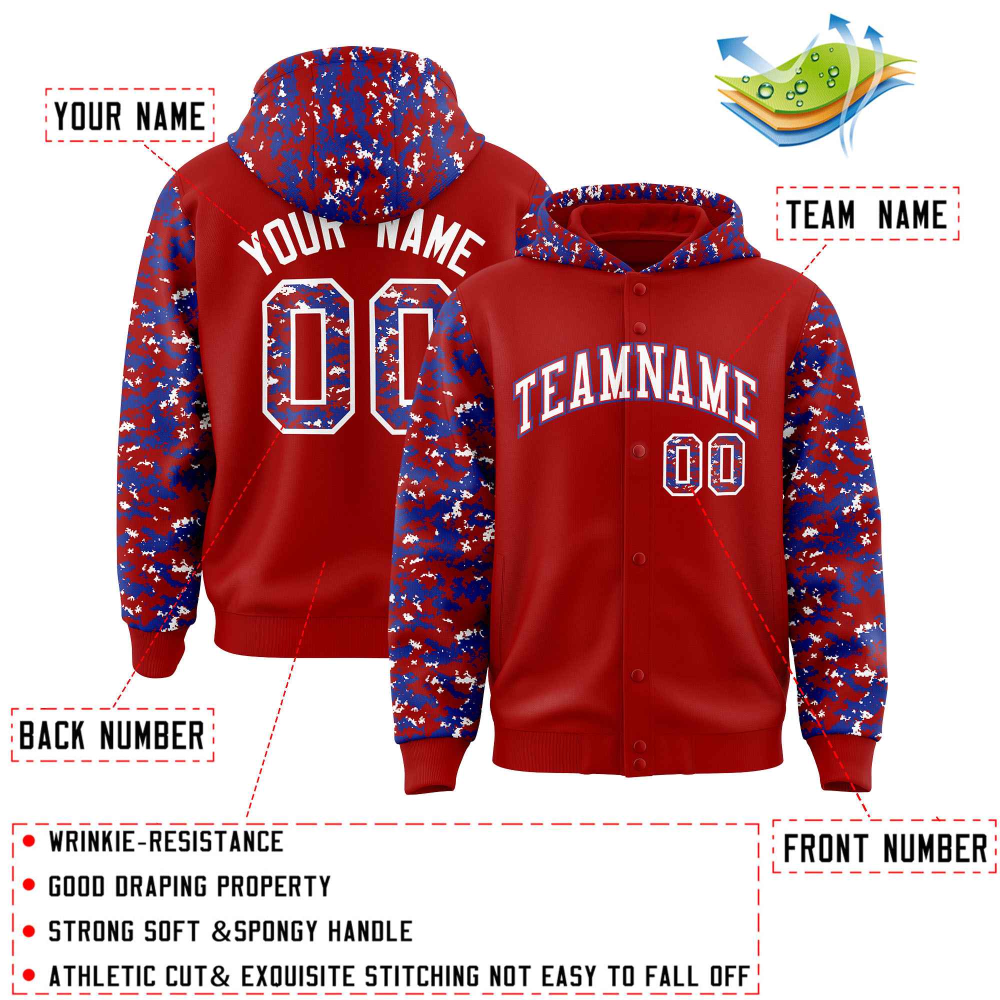 Custom Red Royal-White Raglan Sleeves Varsity Full-Snap Letterman Camo Hoodie Jacket