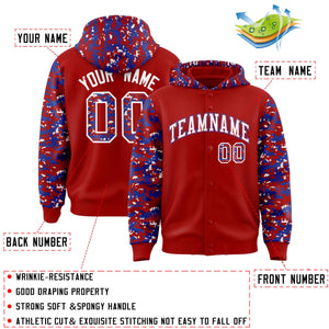 Custom Red Royal-White Raglan Sleeves Varsity Full-Snap Letterman Camo Hoodie Jacket