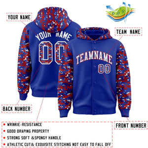 Custom Royal Red-White Raglan Sleeves Varsity Full-Snap Letterman Camo Hoodie Jacket