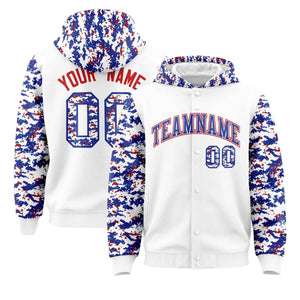 Custom White Royal-Red Raglan Sleeves Varsity Full-Snap Letterman Camo Hoodie Jacket