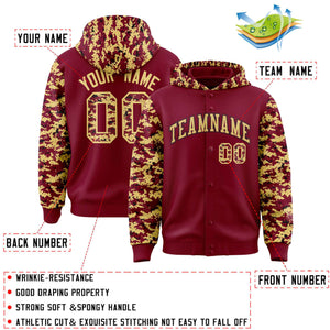 Custom Crimson Khaki-Black Raglan Sleeves Varsity Full-Snap Letterman Camo Hoodie Jacket