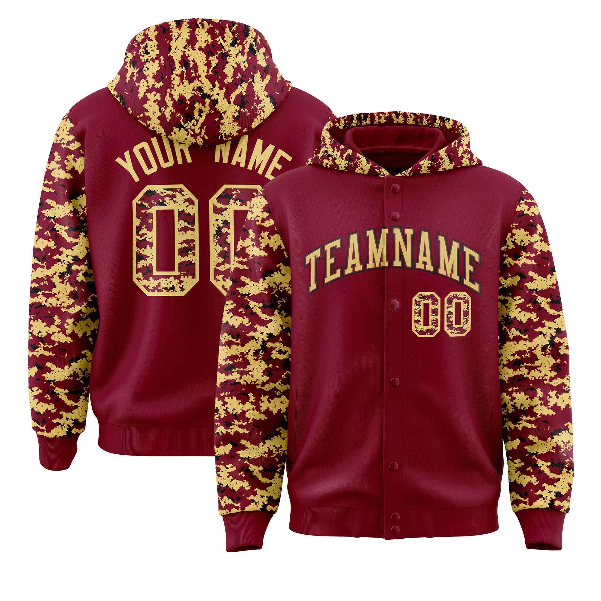 Custom Crimson Khaki-Black Raglan Sleeves Varsity Full-Snap Letterman Camo Hoodie Jacket