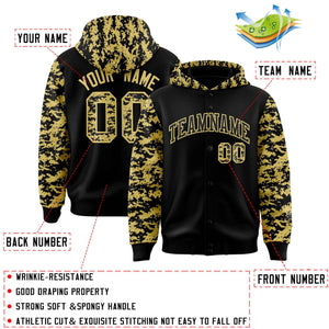 Custom Black Old Gold- Raglan Sleeves Varsity Full-Snap Letterman Camo Hoodie Jacket