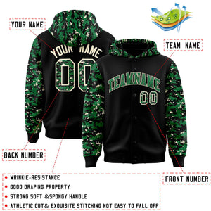 Custom Black Kelly Green-Cream Raglan Sleeves Varsity Full-Snap Letterman Camo Hoodie Jacket