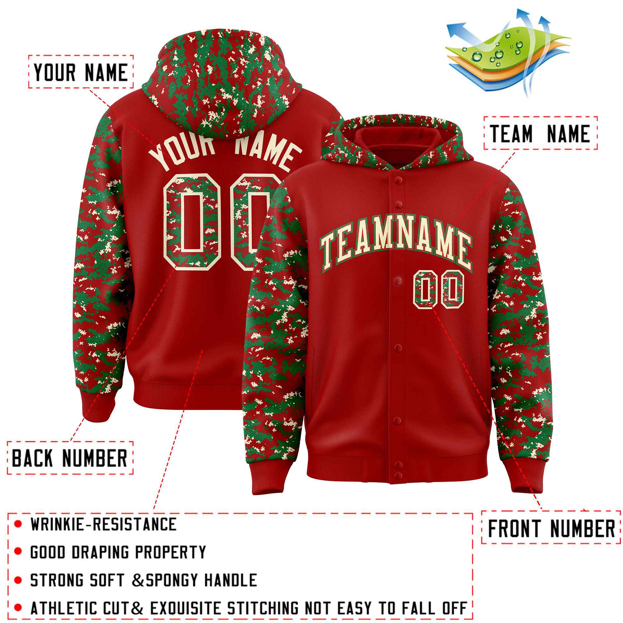 Custom Red Kelly Green-Cream Raglan Sleeves Varsity Full-Snap Letterman Camo Hoodie Jacket