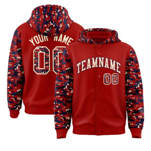 Custom Red Navy-Cream Raglan Sleeves Varsity Full-Snap Letterman Camo Hoodie Jacket