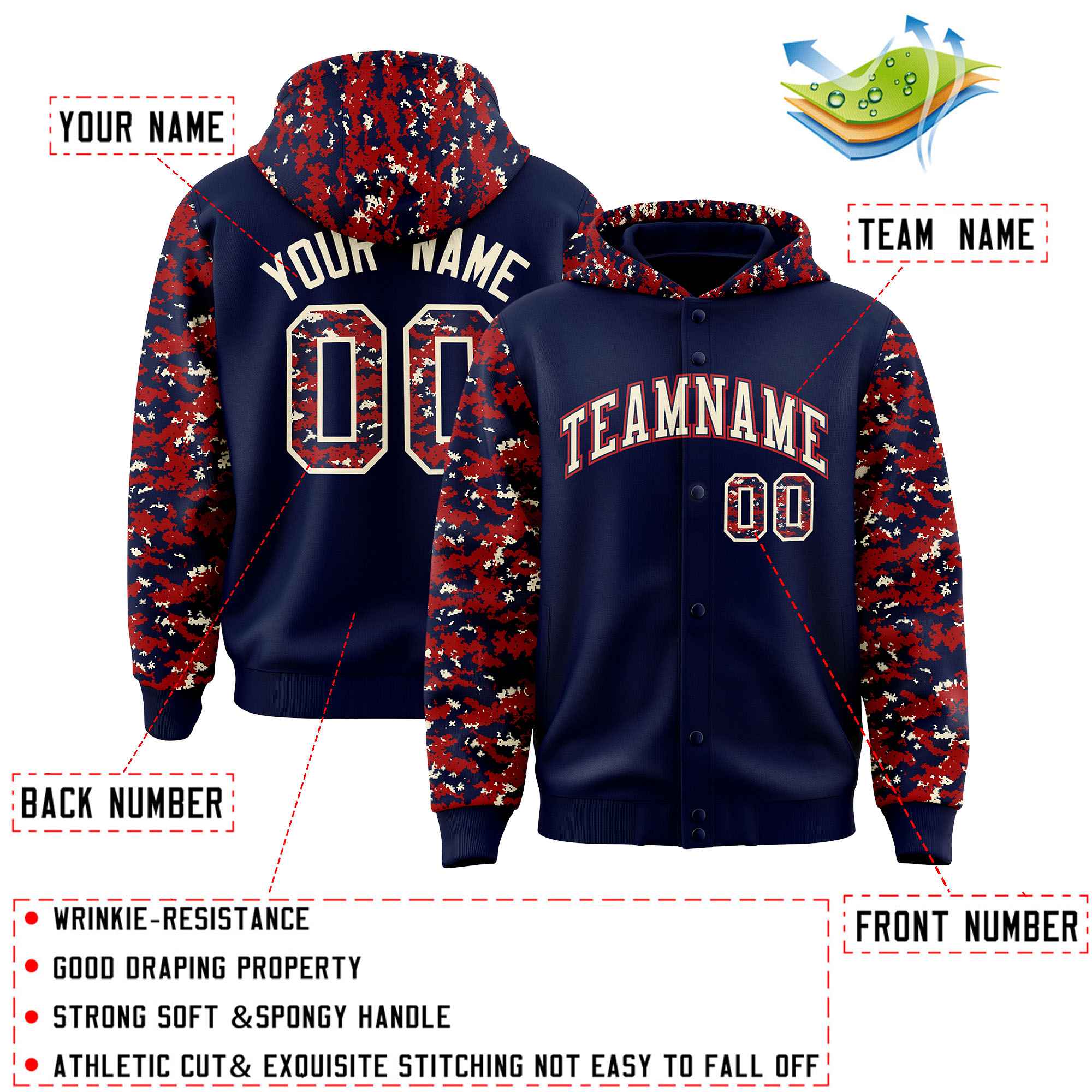 Custom Navy Red-Cream Raglan Sleeves Varsity Full-Snap Letterman Camo Hoodie Jacket