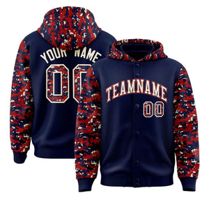 Custom Navy Red-Cream Raglan Sleeves Varsity Full-Snap Letterman Camo Hoodie Jacket