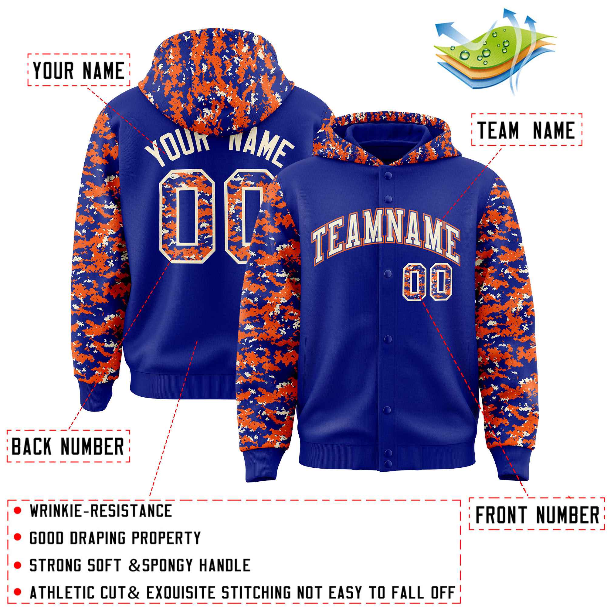 Custom Royal Orange-Cream Raglan Sleeves Varsity Full-Snap Letterman Camo Hoodie Jacket