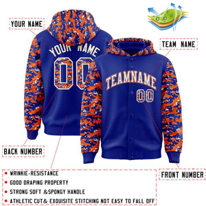 Custom Royal Orange-Cream Raglan Sleeves Varsity Full-Snap Letterman Camo Hoodie Jacket