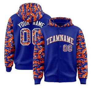 Custom Royal Orange-Cream Raglan Sleeves Varsity Full-Snap Letterman Camo Hoodie Jacket