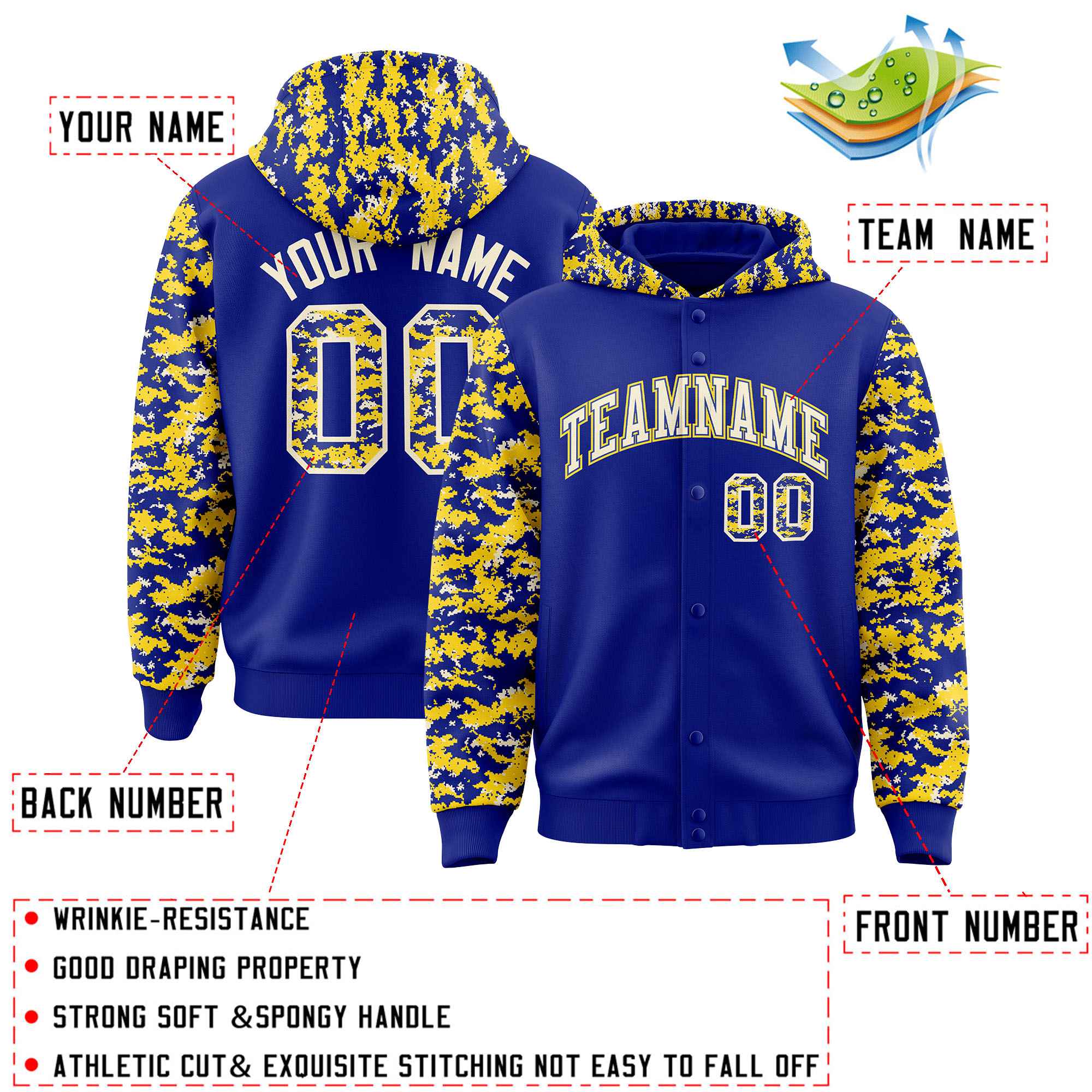 Custom Royal Gold-Cream Raglan Sleeves Varsity Full-Snap Letterman Camo Hoodie Jacket