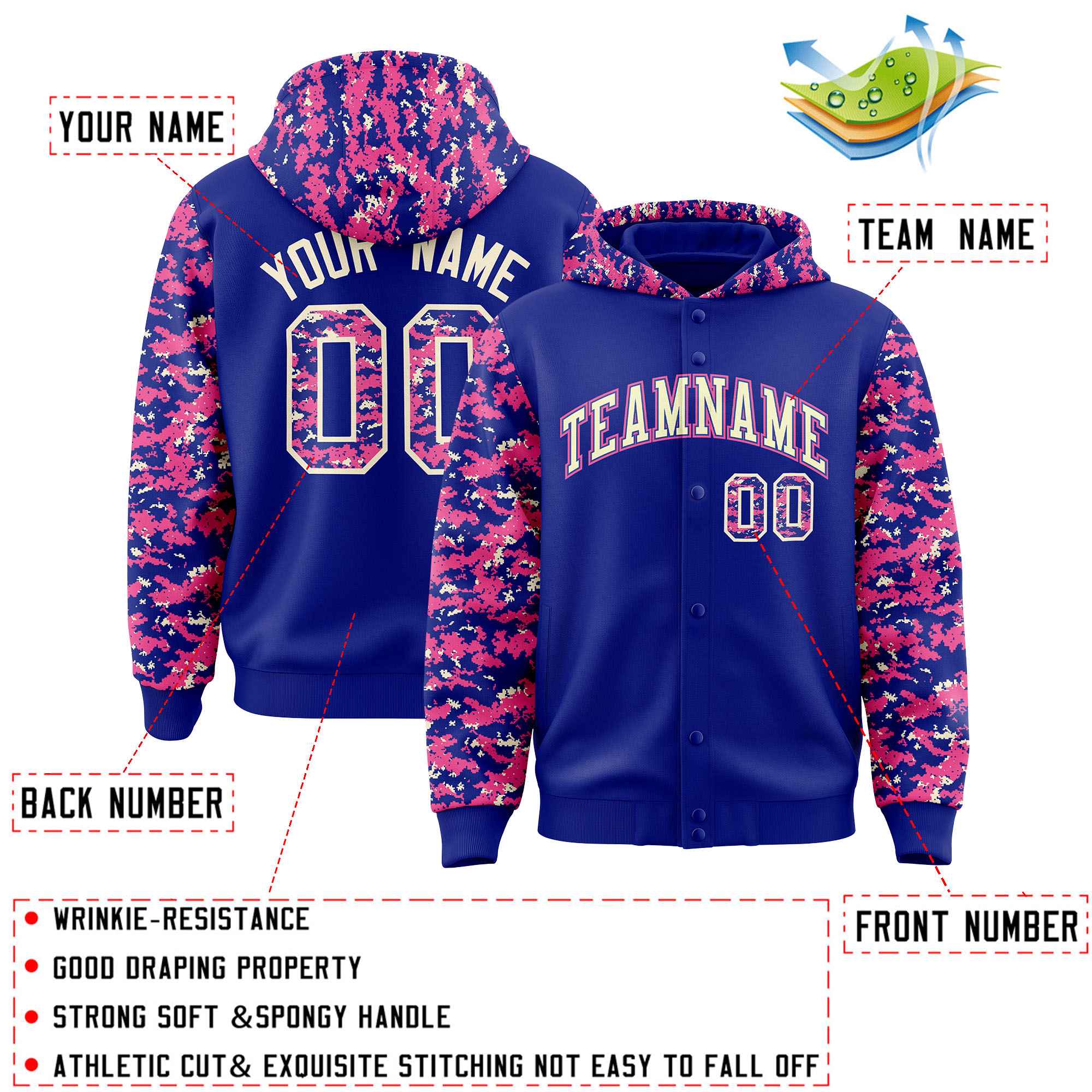 Custom Royal Pink-Cream Raglan Sleeves Varsity Full-Snap Letterman Camo Hoodie Jacket