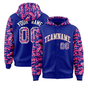 Custom Royal Pink-Cream Raglan Sleeves Varsity Full-Snap Letterman Camo Hoodie Jacket