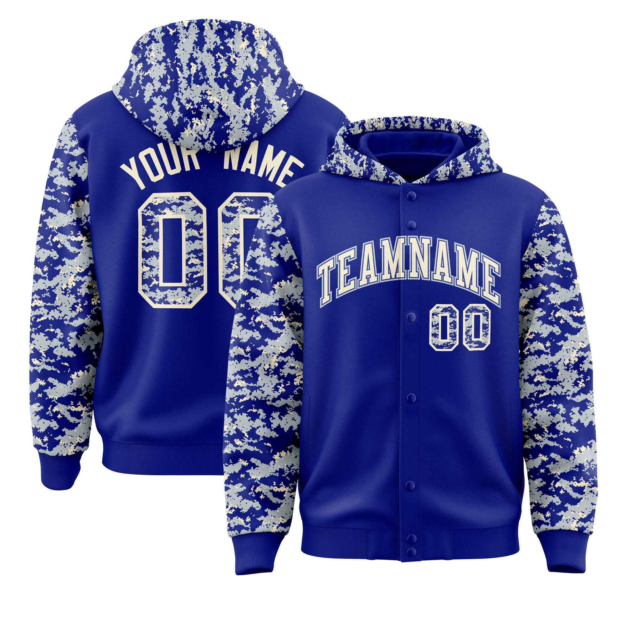 Custom Royal Silver-Cream Raglan Sleeves Varsity Full-Snap Letterman Camo Hoodie Jacket