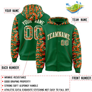 Custom Kelly Green Orange-Cream Raglan Sleeves Varsity Full-Snap Letterman Camo Hoodie Jacket