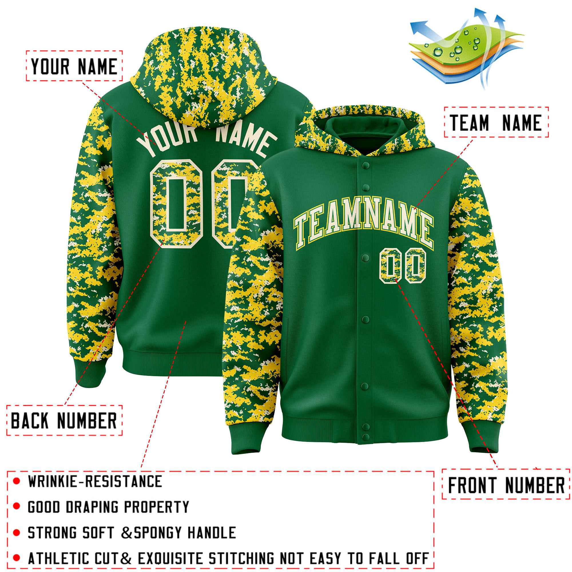 Custom Kelly Green Gold-Cream Raglan Sleeves Varsity Full-Snap Letterman Camo Hoodie Jacket