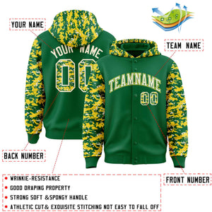 Custom Kelly Green Gold-Cream Raglan Sleeves Varsity Full-Snap Letterman Camo Hoodie Jacket