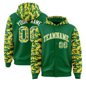 Custom Kelly Green Gold-Cream Raglan Sleeves Varsity Full-Snap Letterman Camo Hoodie Jacket