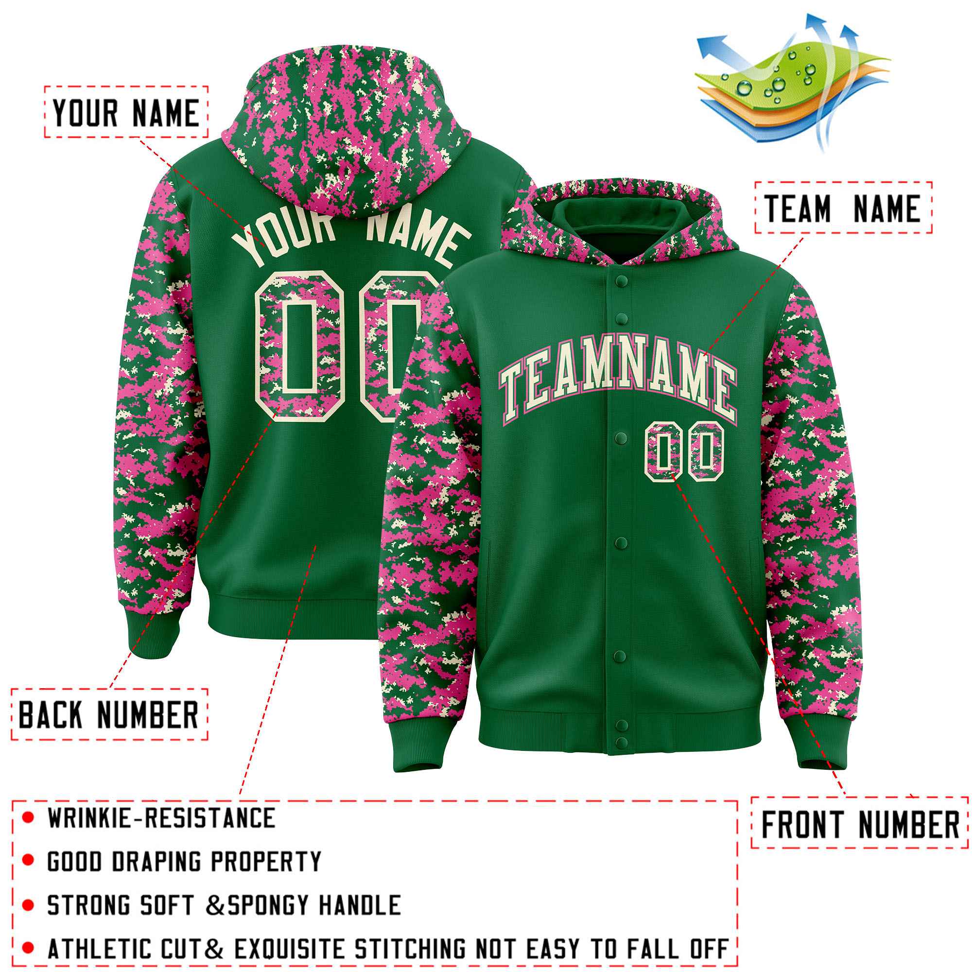 Custom Kelly Green Pink-Cream Raglan Sleeves Varsity Full-Snap Letterman Camo Hoodie Jacket