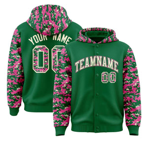 Custom Kelly Green Pink-Cream Raglan Sleeves Varsity Full-Snap Letterman Camo Hoodie Jacket