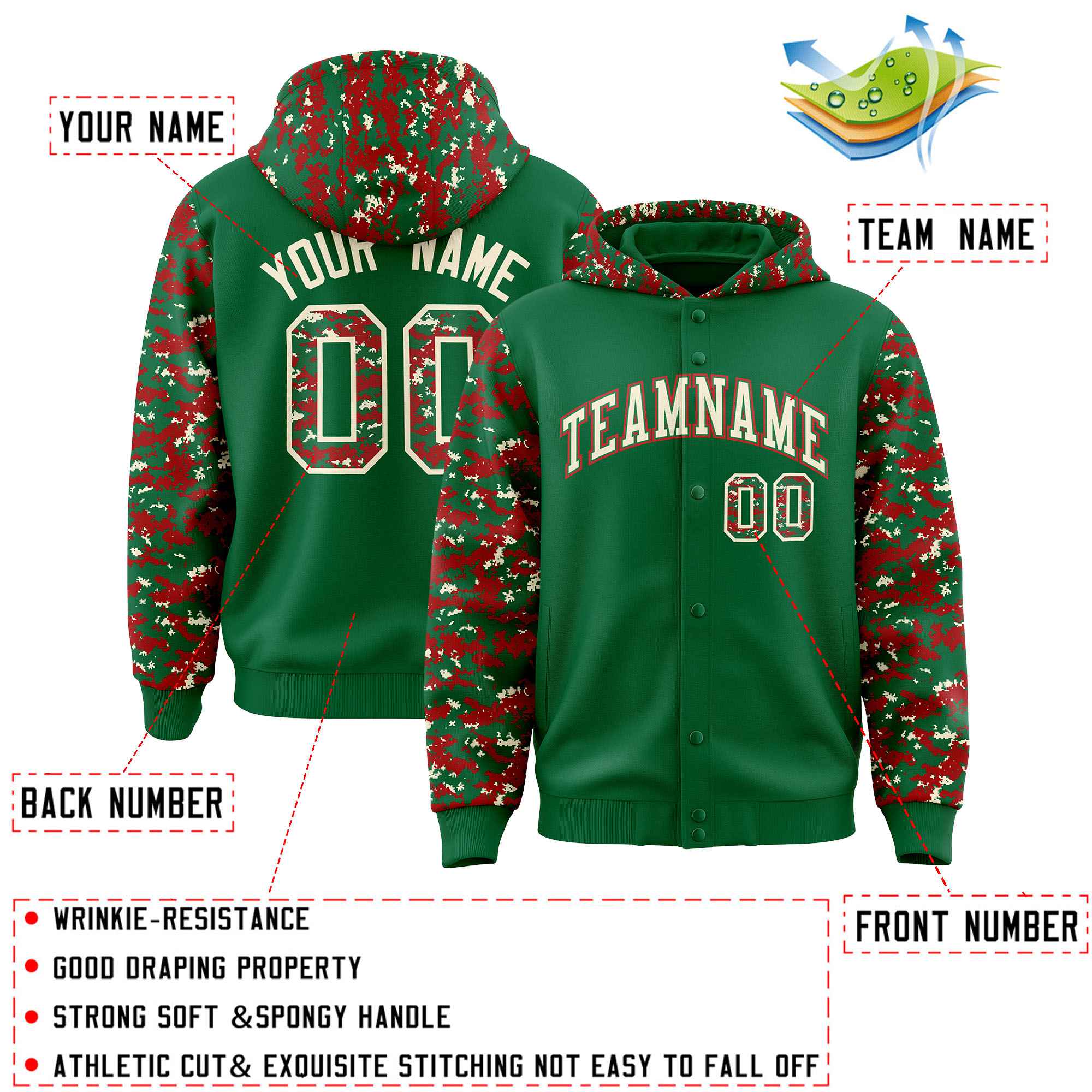 Custom Kelly Green Red-Cream Raglan Sleeves Varsity Full-Snap Letterman Camo Hoodie Jacket