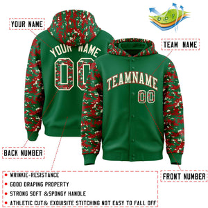 Custom Kelly Green Red-Cream Raglan Sleeves Varsity Full-Snap Letterman Camo Hoodie Jacket