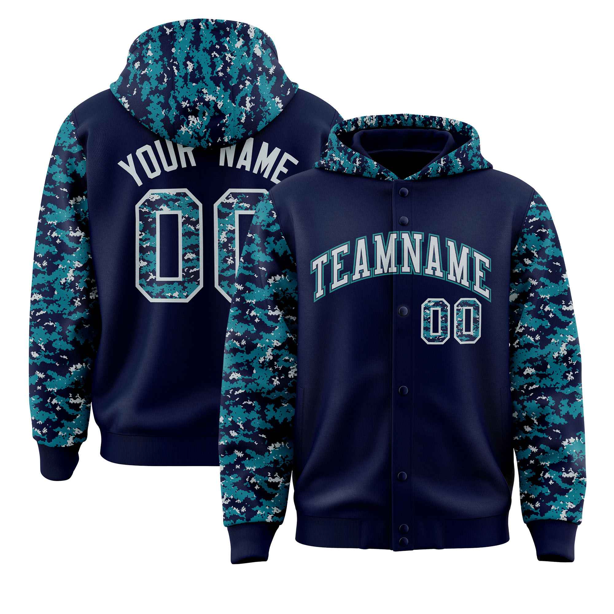 Custom Navy Aqua-Silver Raglan Sleeves Varsity Full-Snap Letterman Camo Hoodie Jacket