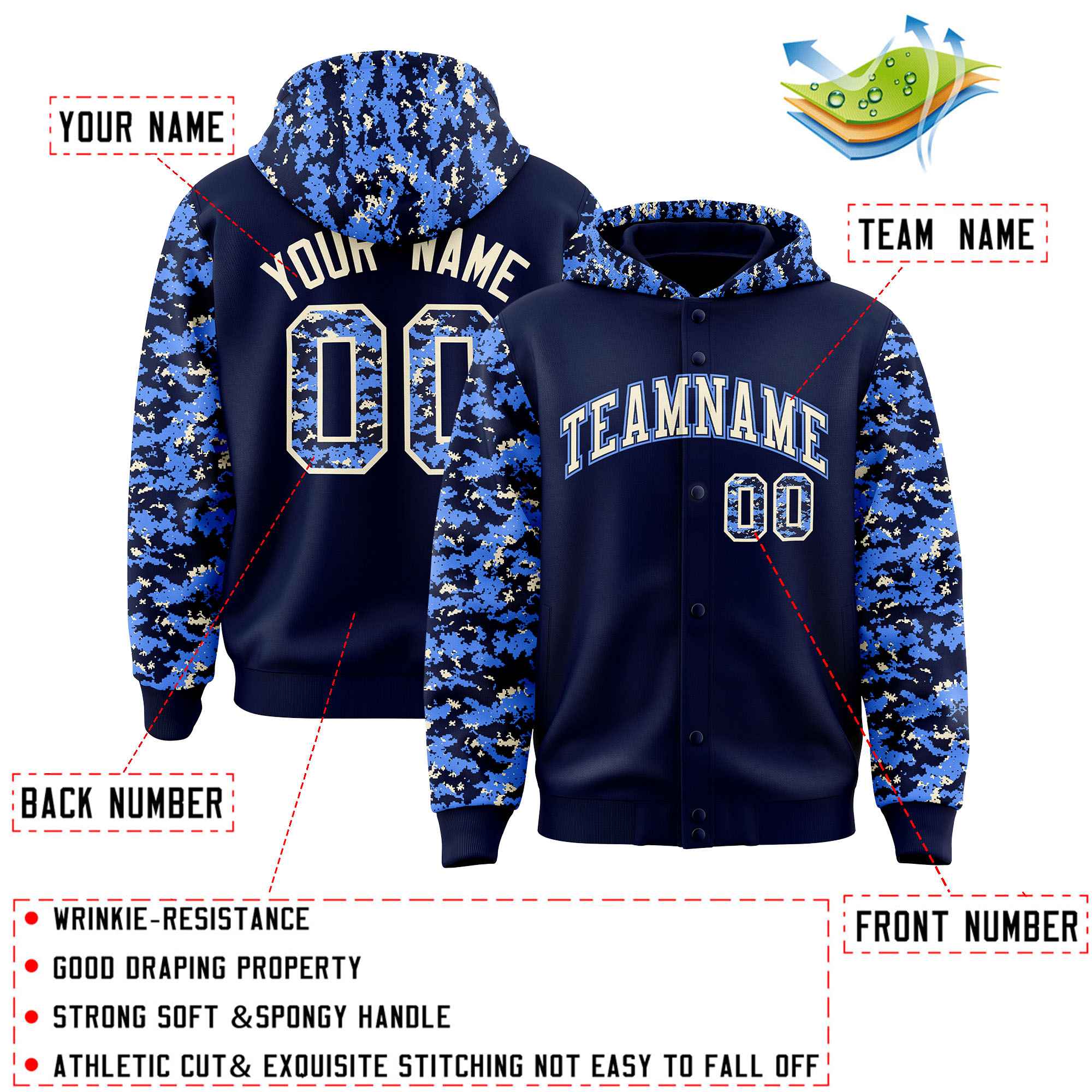 Custom Navy Powder Blue-Cream Raglan Sleeves Varsity Full-Snap Letterman Camo Hoodie Jacket