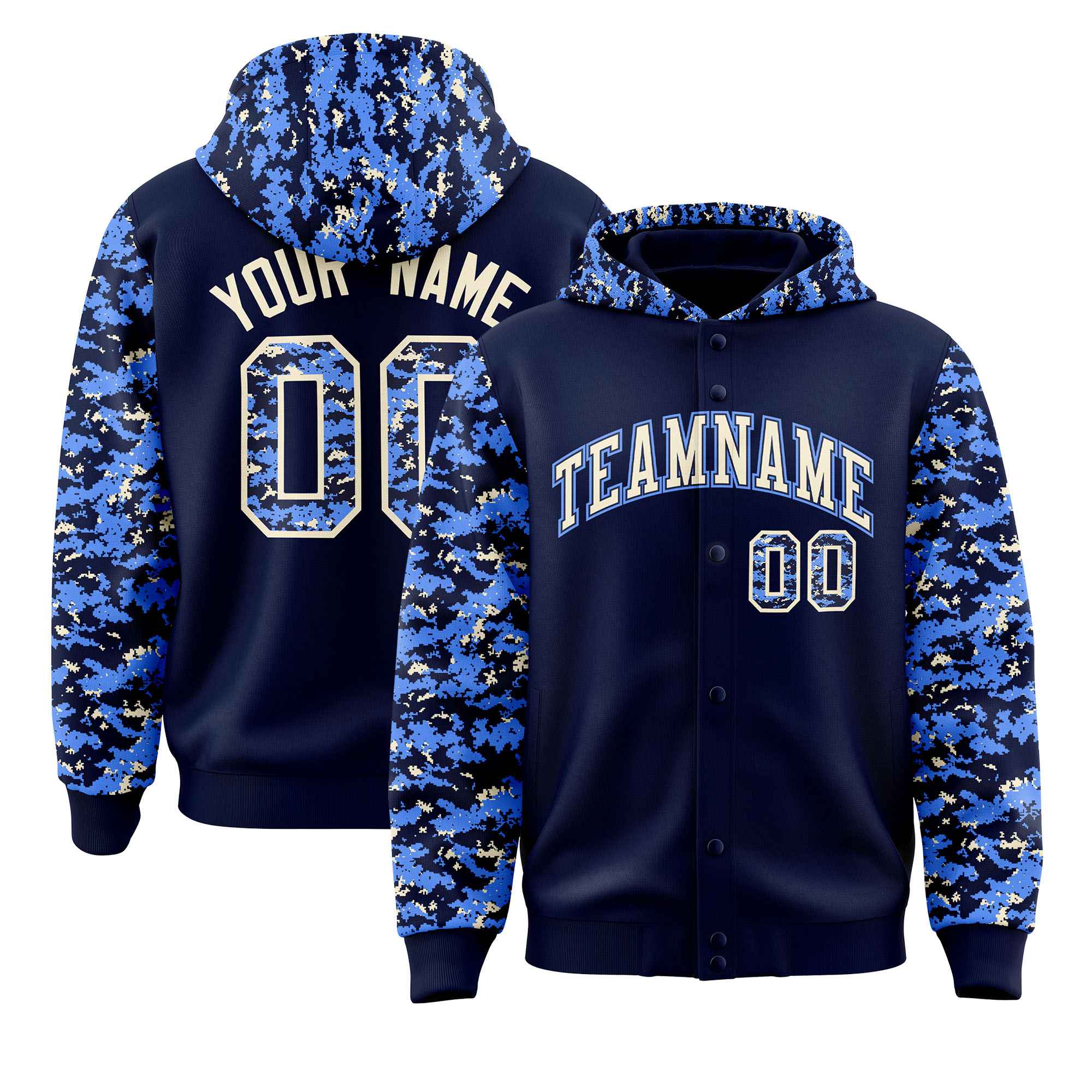 Custom Navy Powder Blue-Cream Raglan Sleeves Varsity Full-Snap Letterman Camo Hoodie Jacket