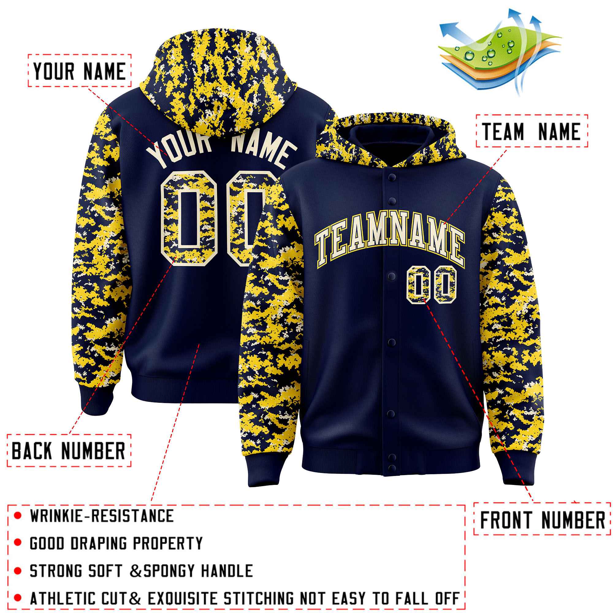 Custom Navy Gold-Cream Raglan Sleeves Varsity Full-Snap Letterman Camo Hoodie Jacket