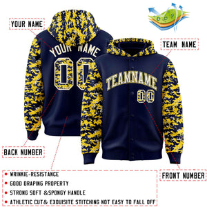 Custom Navy Gold-Cream Raglan Sleeves Varsity Full-Snap Letterman Camo Hoodie Jacket