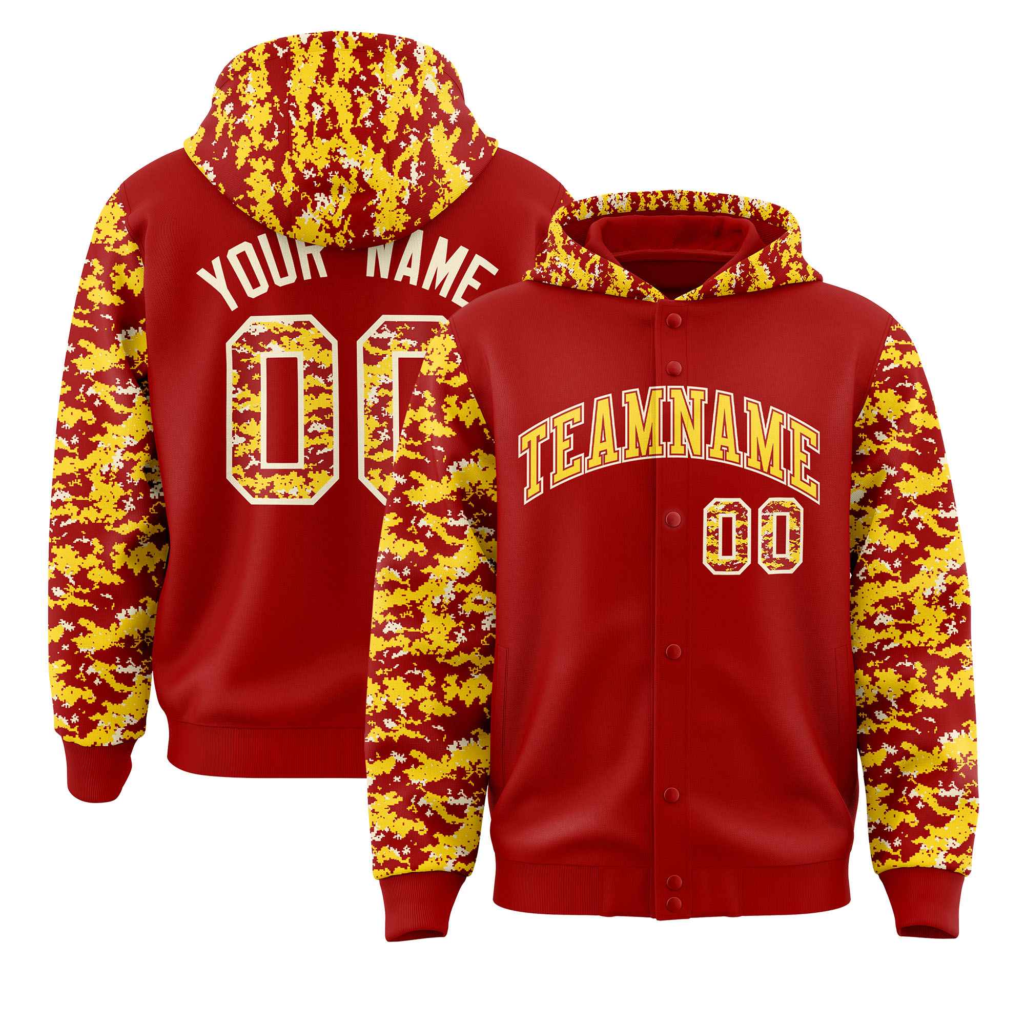 Custom Red Gold-Cream Raglan Sleeves Varsity Full-Snap Letterman Camo Hoodie Jacket