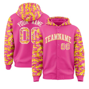 Custom Pink Gold-Cream Raglan Sleeves Varsity Full-Snap Letterman Camo Hoodie Jacket