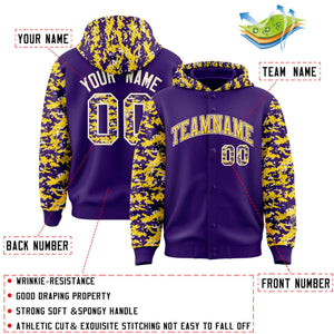 Custom Purple Gold-Cream Raglan Sleeves Varsity Full-Snap Letterman Camo Hoodie Jacket