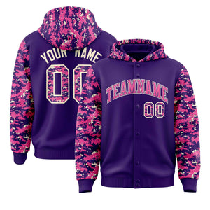 Custom Purple Pink-Cream Raglan Sleeves Varsity Full-Snap Letterman Camo Hoodie Jacket