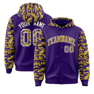 Custom Purple Old Gold-Cream Raglan Sleeves Varsity Full-Snap Letterman Camo Hoodie Jacket