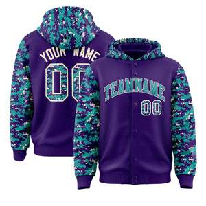 Custom Purple Aqua-Cream Raglan Sleeves Varsity Full-Snap Letterman Camo Hoodie Jacket