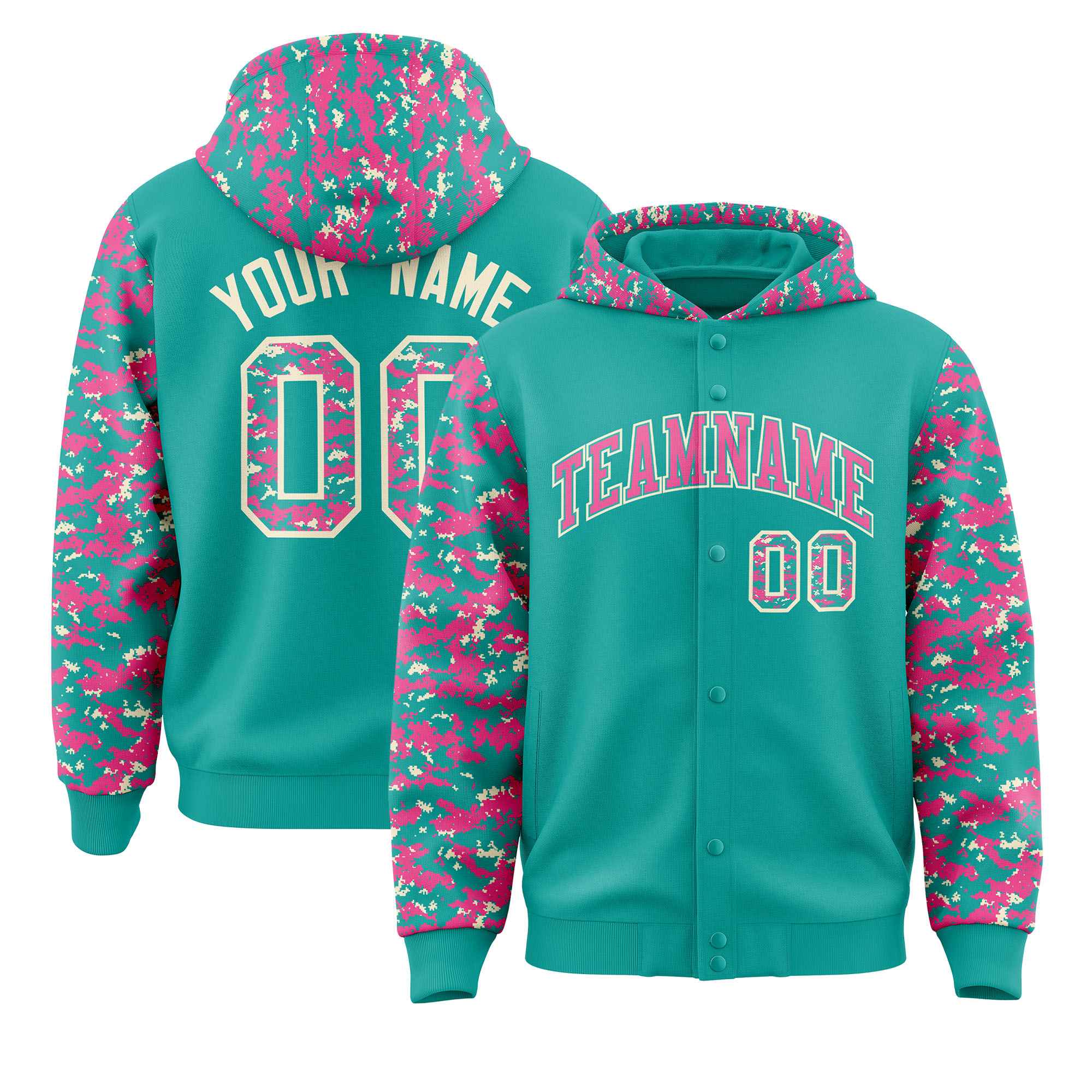 Custom Aqua Pink-Cream Raglan Sleeves Varsity Full-Snap Letterman Camo Hoodie Jacket